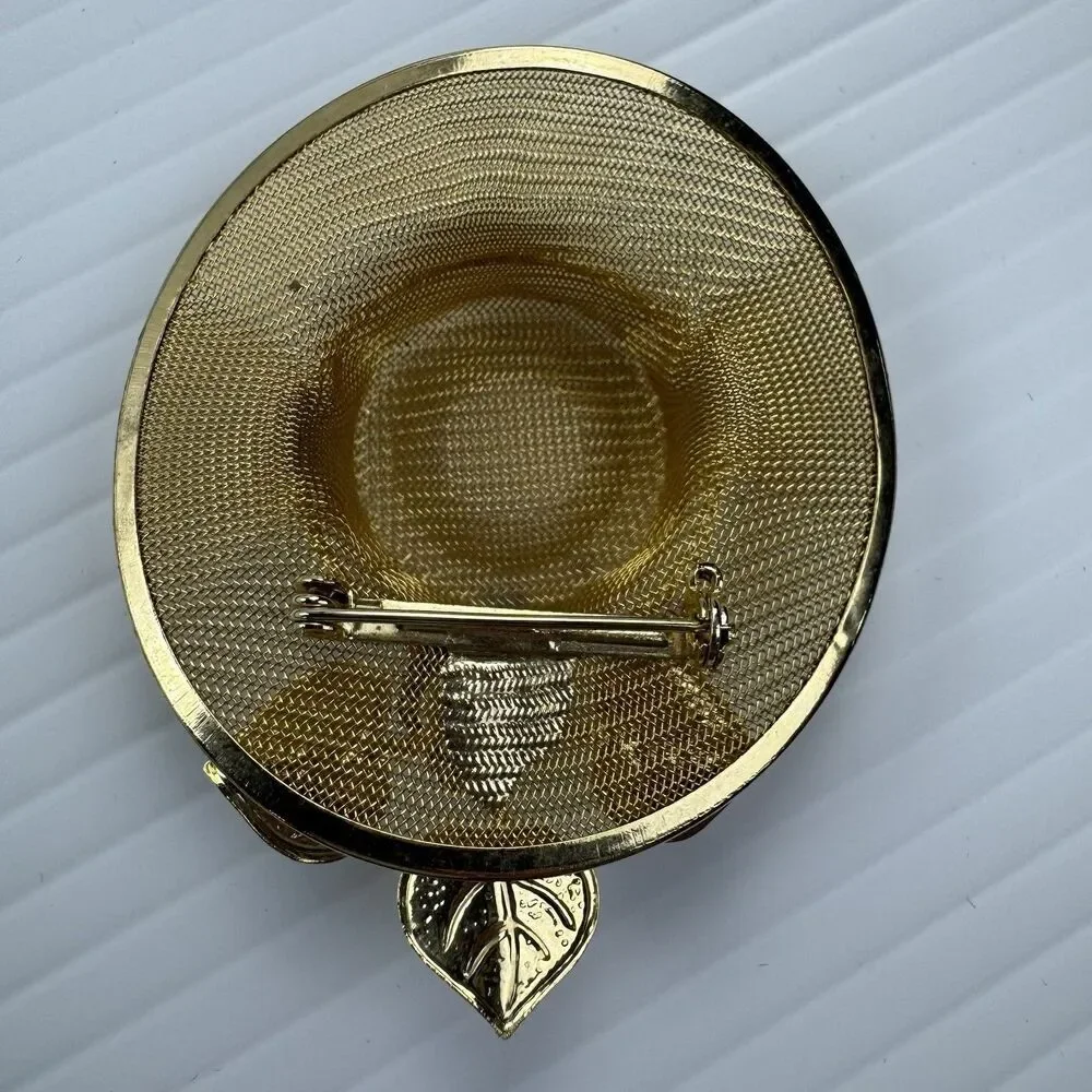 Vintage Gold Tone Mesh Hat Brooch Pin Floral Leaves Statement Retro